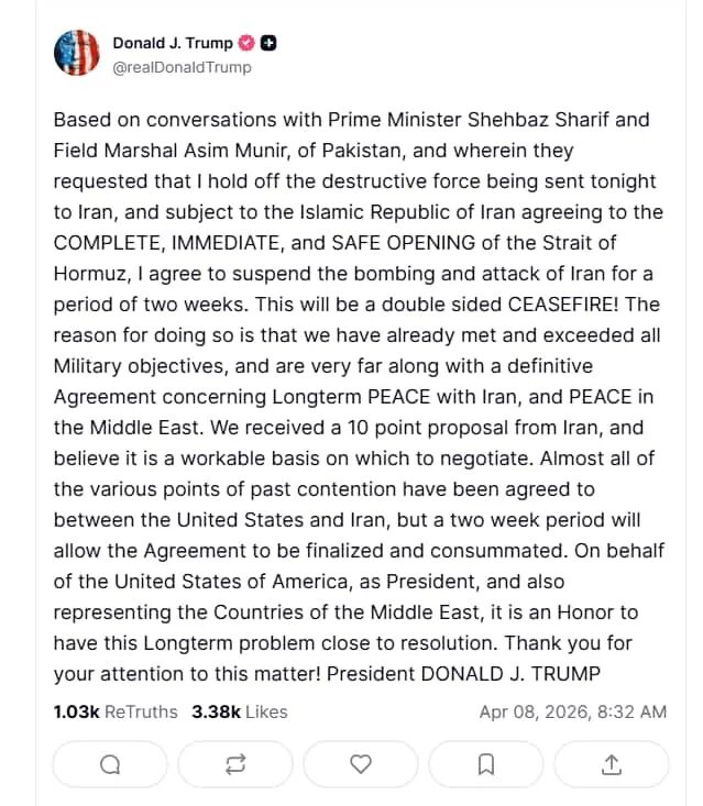 A screenshot of a social media post by Donald Trump.